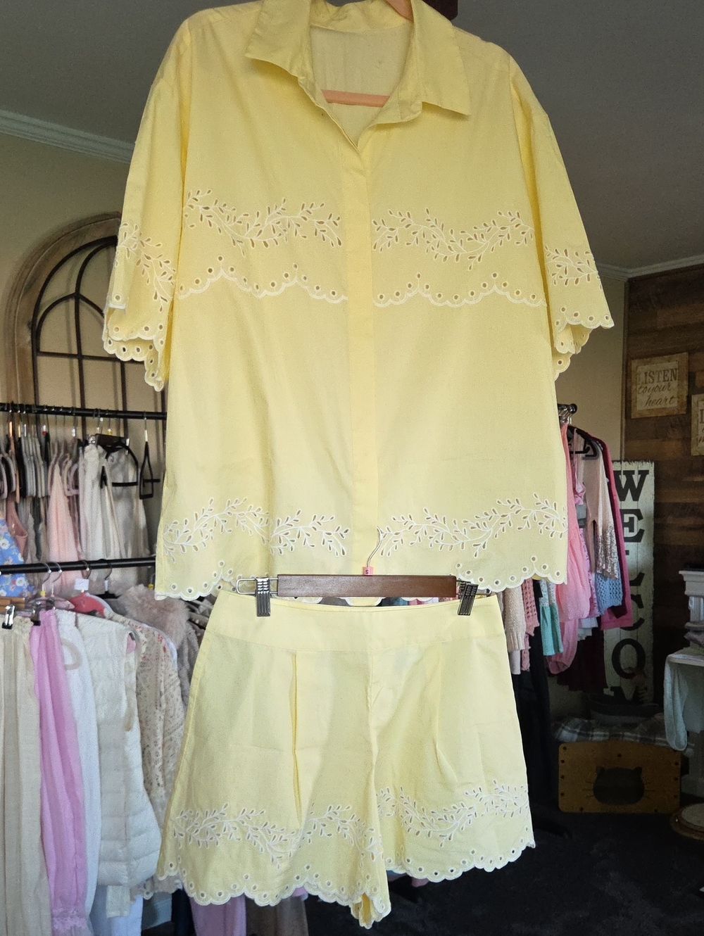 Yellow Eyelet Two-Piece Shorts Set - Women's